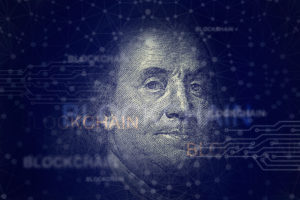 Benjamin franklin with blockchain. Cryptocurrency and traditional money on networking connection background