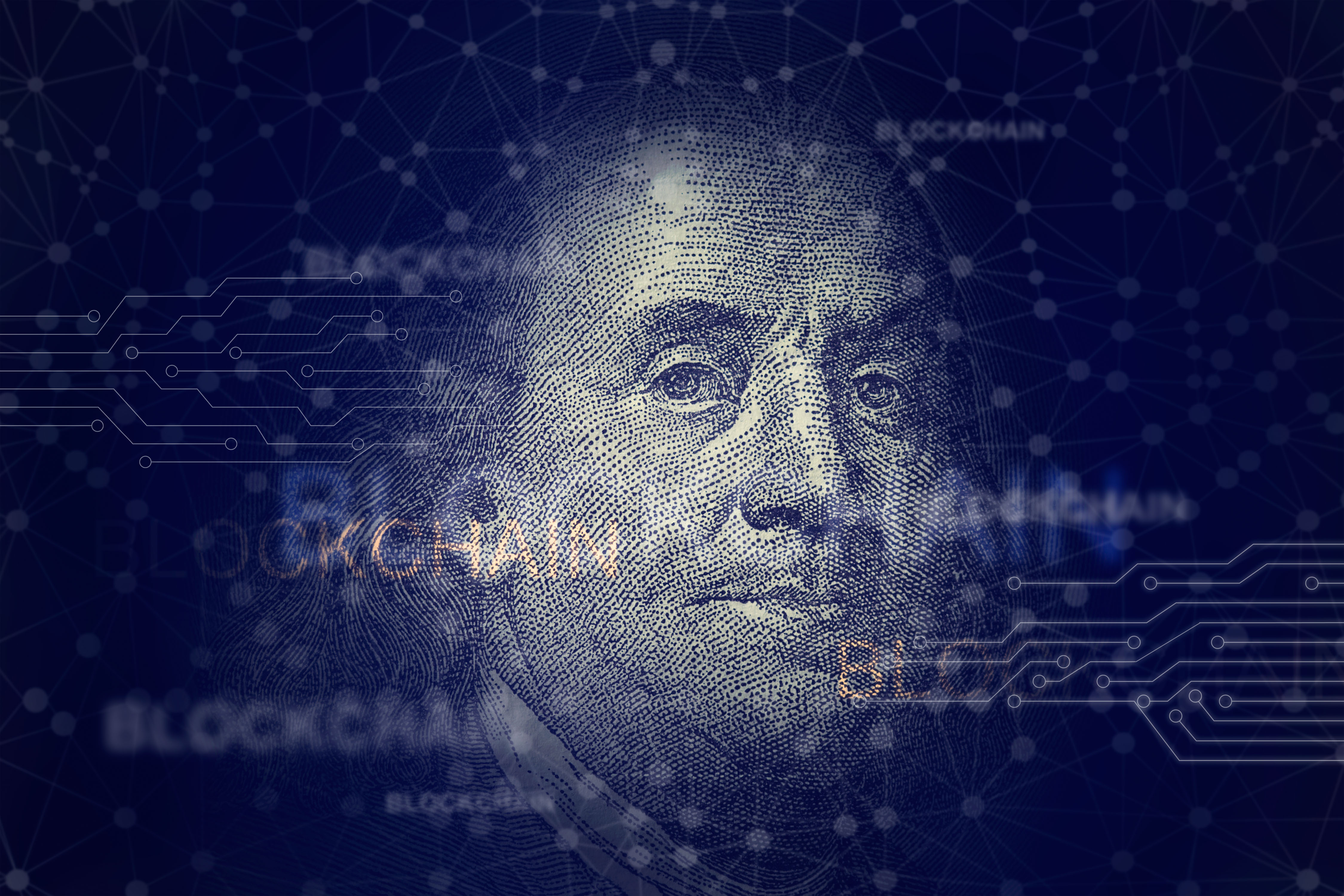 Benjamin franklin with blockchain. Cryptocurrency and traditional money on networking connection background