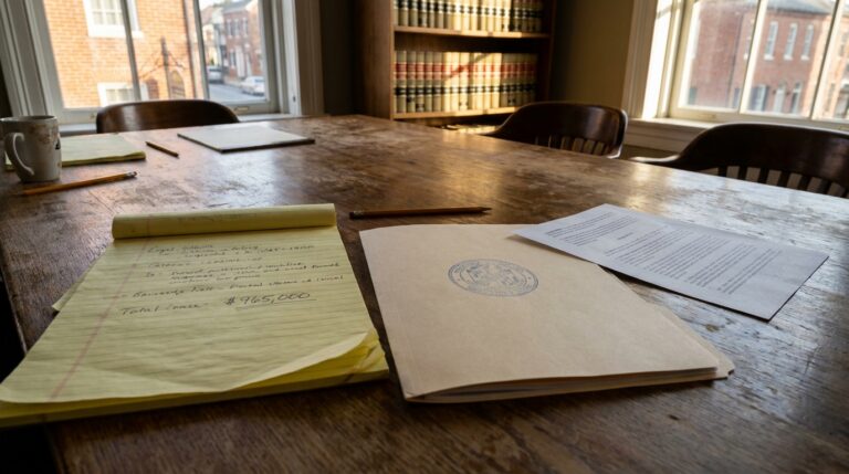 legal notepad with $965,000 case notes beside official sealed court document on law office table