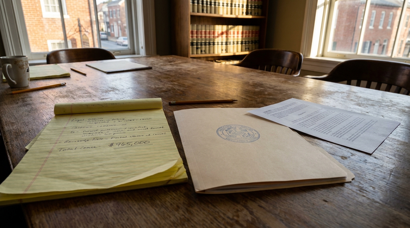 legal notepad with $965,000 case notes beside official sealed court document on law office table