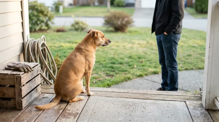 dog sitting on wooden porch facing standing person near residential yard