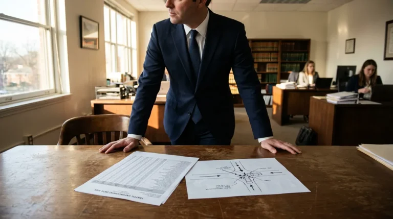 attorney standing over desk with traffic enforcement data and accident diagram documents